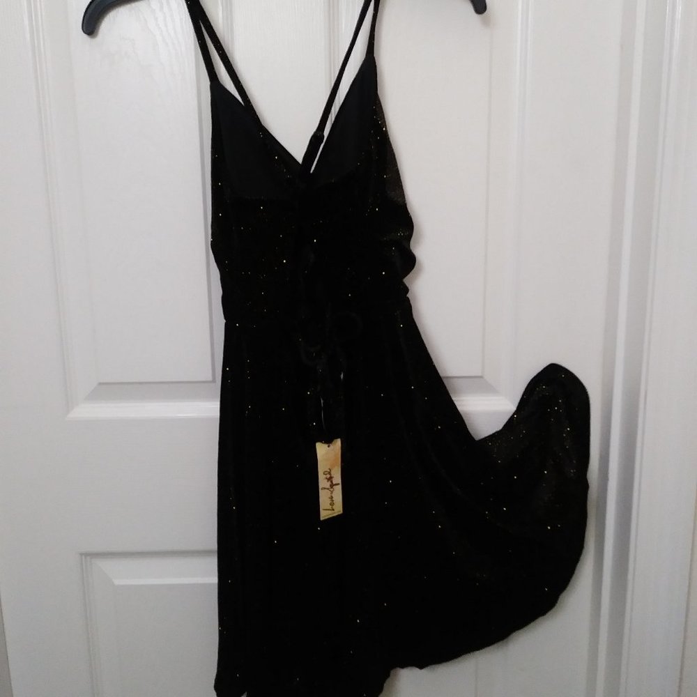 Juniors Black Shimmery Velvet Lace-Up Back Skater Dress - Picture 2 of 12
